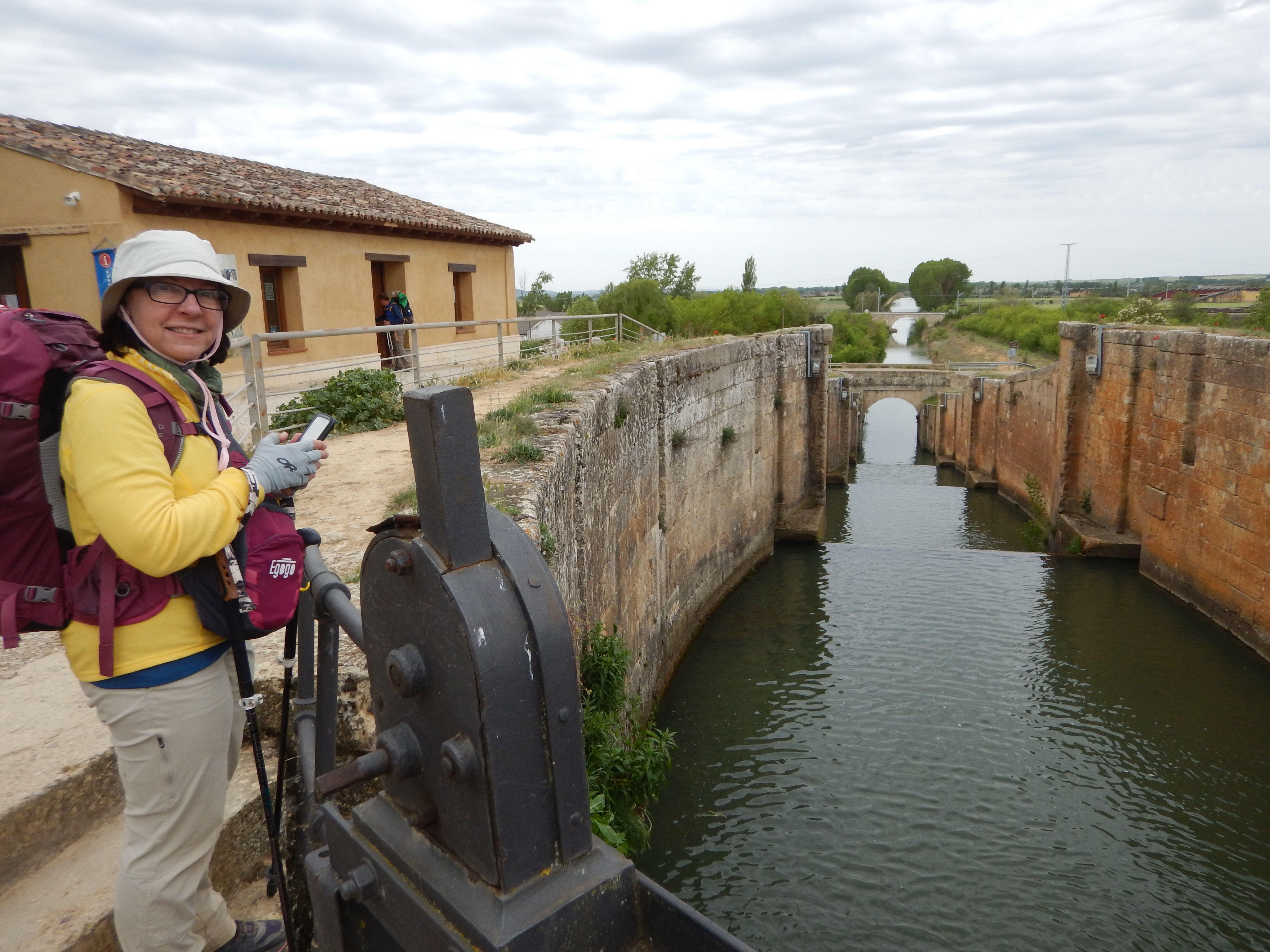 86 Checking Reception at Fromista Canal Crossing